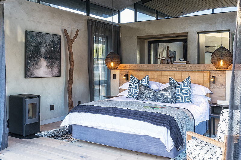 <p>BEDROOMS<br /> – Individually furnished rooms with views overlooking mountains, lagoon and Fynbos<br /> – Large foldaway doors that lead to private terraces with unobstructed Lagoon and mountain views<br /> – King size extra length beds which can be a turned into singles on request<br /> – En-suite bathrooms, bath & shower with underfloor heating<br /> – Eco pellet stoves<br /> – Ceiling fans<br /> – All rooms have a writing desk and Wi-Fi access points</p>